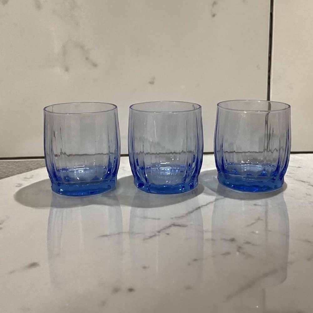 Oneida Valor Blue Juice Glasses, Set of 3, Vintage Pasabahce Ribbed Tumblers‎